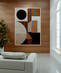 Obraz premium 3D render, illustration Large Luxury modern living room interior, brutalist architecture realistic lighting, Graphic Overlay wide angle, contemporary furniture, clean lines, minimalist decor