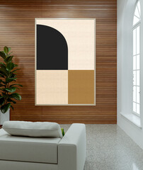 Obraz premium 3D render, illustration Large Luxury modern living room interior, brutalist architecture realistic lighting, Graphic Overlay wide angle, contemporary furniture, clean lines, minimalist decor