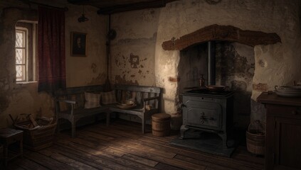 Obraz premium Old fashioned medieval kitchen interior with stove bench and broom in cabin