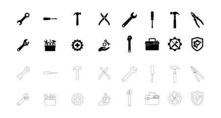 Obraz premium Repair tools icon set mechanic equipment construction maintenance industrial hardware wrench hammer screwdriver gear shield toolkit vector elements.