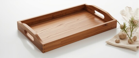 Fototapeta premium Wooden serving tray on a light surface with decorations