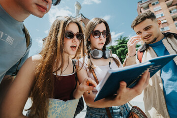 Obraz premium Four students examine a notebook and discuss notes while standing outside on a sunny day. They study a map or planner together as they navigate the urban environment.