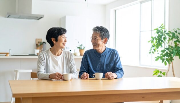朝食後に会話を楽しむシニア夫婦