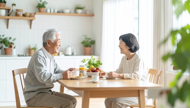 朝食後に会話を楽しむシニア夫婦