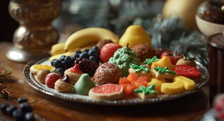 Fototapeta premium Delightful assortment of colorful marzipan fruits and cookies for festive celebrations