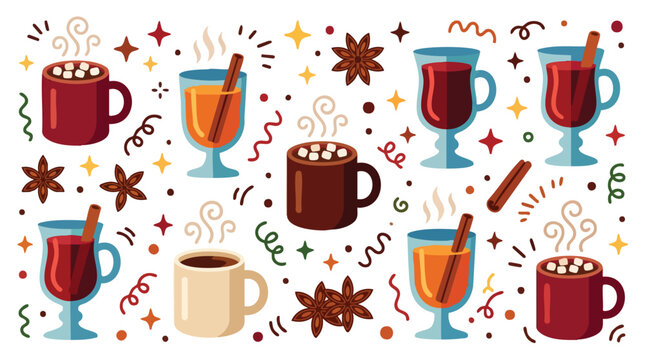 Collection of various hot beverages and festive spices.