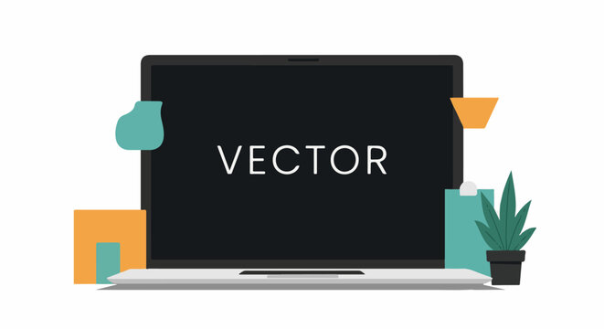 A laptop with a black screen displaying the word "VECTOR" in white text