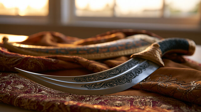 kirpan. Ornamental kirpan on embroidered silk, cultural tradition and respect concept. event programs, museum guides, designed for cultural heritage projects and event programs, preserves heritage.