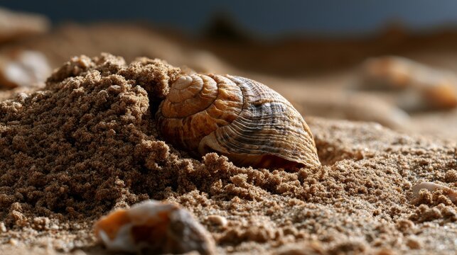 Close-up of a weathered snail shell nestled in coarse beach sand
