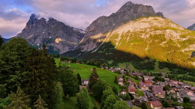 Aerial view of the village of Grindelwald in the Swiss alps during sunset