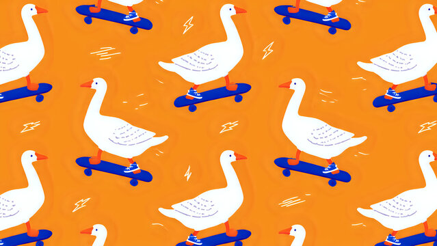 Whimsical pattern of geese on skateboards. Dynamic orange background with lightning for a playful, energetic design