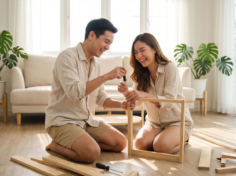 Happy couple assembling wooden furniture at home