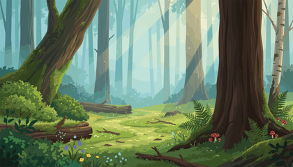 Fototapeta premium Enchanted forest landscape banner with sun rays shining through trees. Old trunks, green moss, ferns, mushrooms, wildflowers, fallen logs.