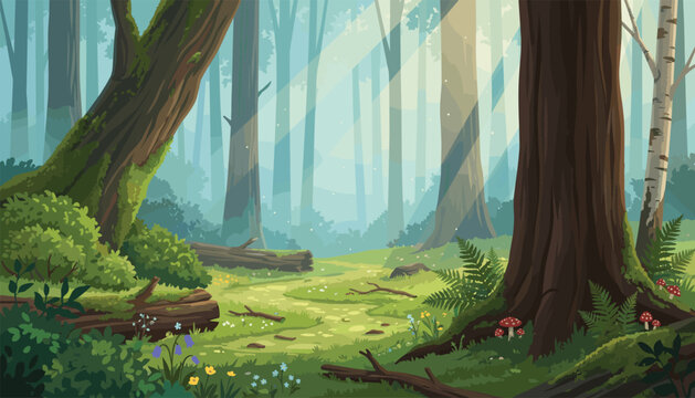Enchanted forest landscape banner with sun rays shining through trees. Old trunks, green moss, ferns, mushrooms, wildflowers, fallen logs.