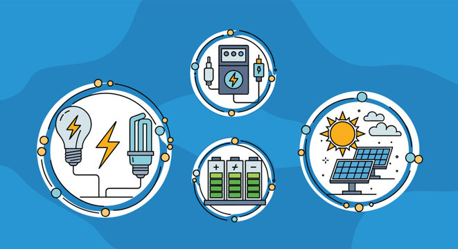 Collection of four circular icons representing different energy themes including efficient lighting, electrical testing, battery storage, and solar power.