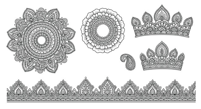 Beautiful collection of hand-drawn black and white mandala patterns, crowns, and ornate borders with intricate traditional details.