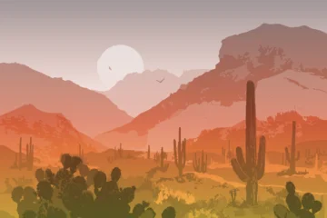 Vector illustration. Landscape with desert, cacti and mountains © kozerog2015