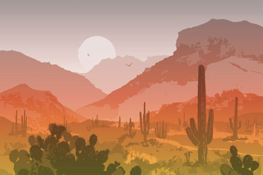 Vector illustration. Landscape with desert, cacti and mountains