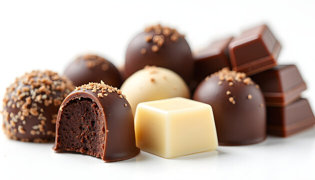Gourmet chocolate bites and squares on white background with chocolate, truffles