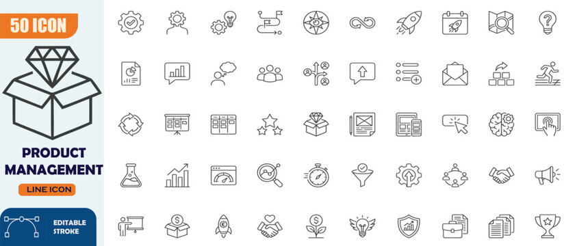 Product management icon set in outline style. Containing product strategy, roadmap, development, planning, analytics, innovation, user research, and project workflow icons. Editable stroke. Vector ico