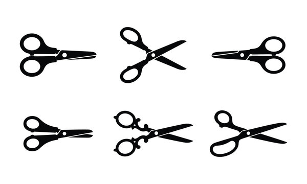 Six black scissor icons on white background for design projects.