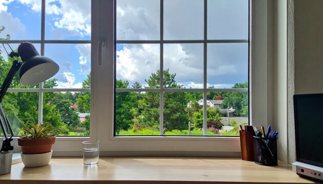 Interior shot of a desk with a window view of trees and sky
