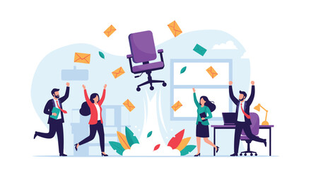 Fototapeta premium Enthusiastic office team celebrating a major success while an office chair launches like a rocket into the air.