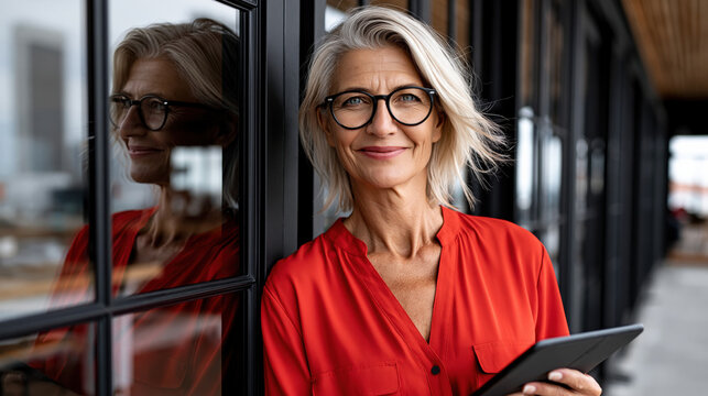 Mature woman smile eyeglass tablet reflection red shirt confidence professional office window Mature woman with eyeglass and bright smile holding tablet near window reflection modern office