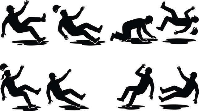 Collection of construction worker silhouettes slipping and falling on wet surfaces for safety conceptual design