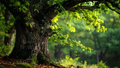 Fototapeta premium A majestic tree dominates the frame, its rough bark and lush leaves contrasting with a blurred forest background