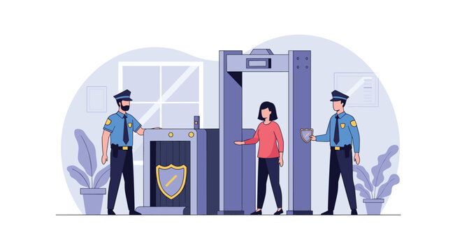 Security checkpoint at an airport or building showing two guards monitoring a woman walking through a metal detector and baggage scanner.