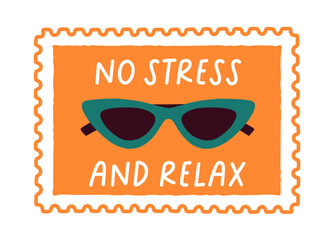 Naklejka premium Summer vacation postmark, stamp with sunglasses. Sun glasses, sunny beach holiday accessory. Postal mark with motivational phrase, lettering. Flat vector illustration isolated on white background