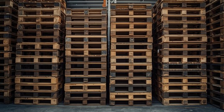 Stacks of wooden pallets in a warehouse