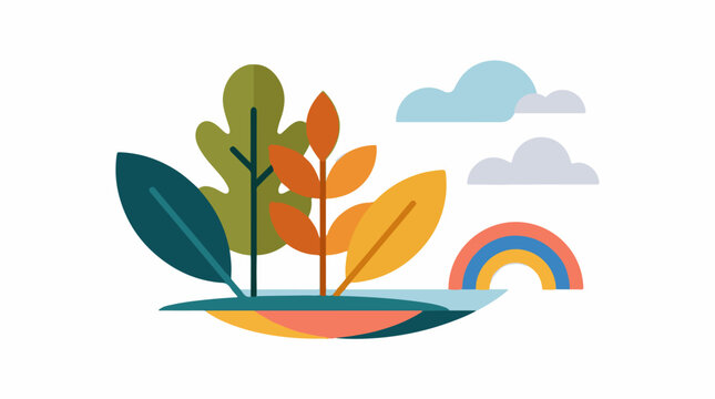 A colorful illustration of a small island with plants, rainbow, and clouds