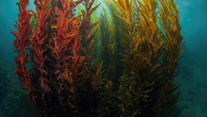 Naklejka premium Underwater kelp forest with colorful seaweed plants
