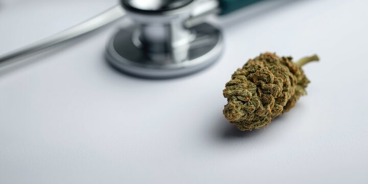 Selective focus on medicinal cannabis with doctors note and stethoscope and copy space