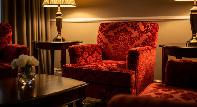 Ornate red armchair with damask pattern, soft lighting, and floral arrangement, suggesting luxury, comfort, and an elegant interior design.