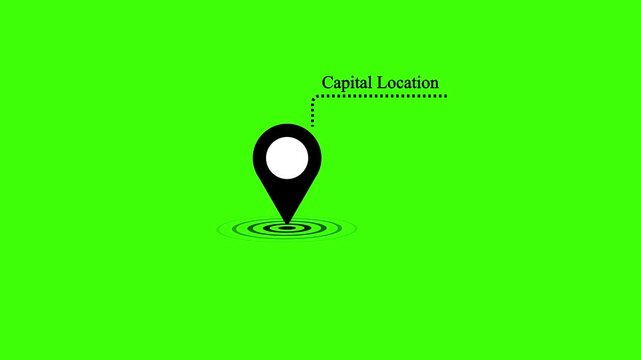 Animated map pin location icon with ripple effect and Capital Location text on chroma key green screen background