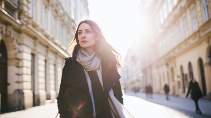 Obraz premium Elegant woman walking historic city street, sun creating beautiful lens flare, urban lifestyle exploration