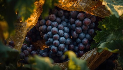 Fototapeta premium Sweet grape clusters guarded within protective wrap for picking