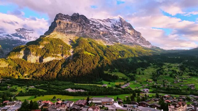 Aerial view of Grindelwald and the north face of Eiger during sunset