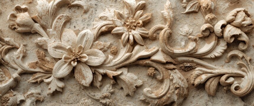 Intricately carved floral stone relief texture suitable for upscale design backgrounds