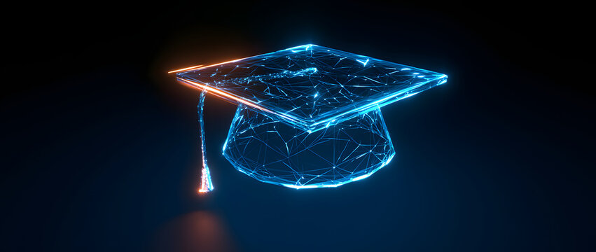 A glowing neon graduation cap featuring a digital wireframe design against a dark backdrop. Represents modern educational technology concepts for academic success and learning.