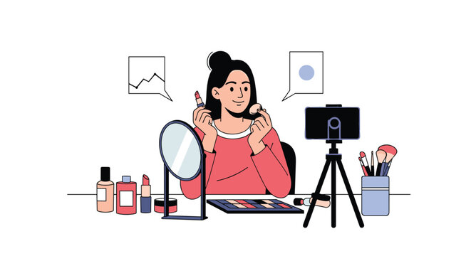 Modern beauty influencer recording a professional makeup tutorial for her social media channel using a smartphone.