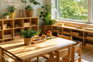 Fototapeta premium Montessori classroom interior featuring wooden furniture, educational toys, and green plants bathed in warm natural sunlight.