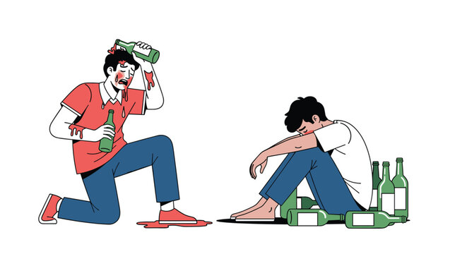 Two miserable men sitting on the floor surrounded by empty green bottles representing the negative effects of alcoholism and addiction.