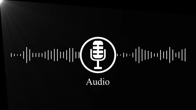 Animated Microphone Icon with Audio Text and Digital Sound Waveform, AI Speech Recognition, Audio Assistant and Podcast Concept Motion Graphic Isolated on Black Background.