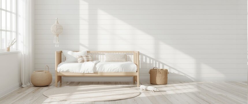 Minimalist bedroom with a wooden daybed and soft decor