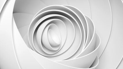 Abstract 3D render of white concentric spheres and curved layers forming a rose or vortex shape. Minimalist futuristic background art