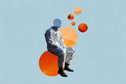 Surreal astronaut seated on giant orange spheres with floating planets for minimalist poster and modern collage background design
